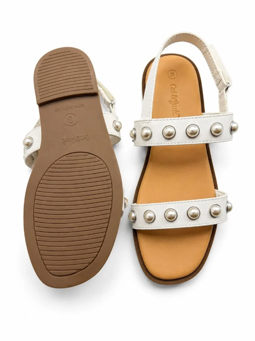 Cat & Jack Girls Size 3 White Pearl Studded Sandals Adjustable Strap NWT